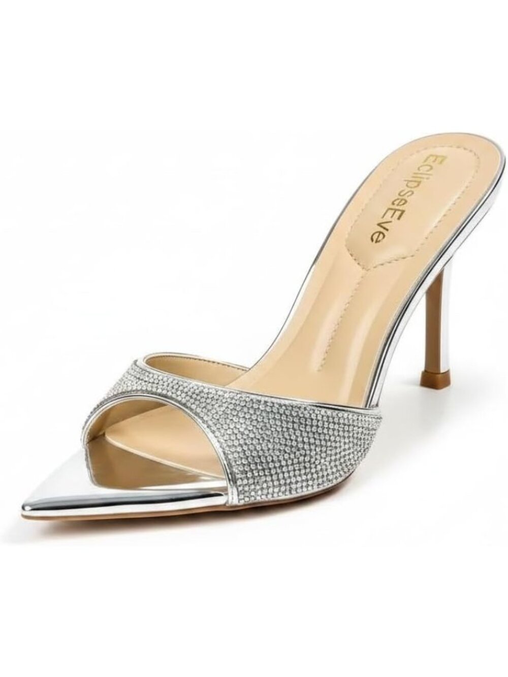 Women's Silver Stiletto Mules 3.54 Inch Slip-On Pointed Open Toe High Heels
